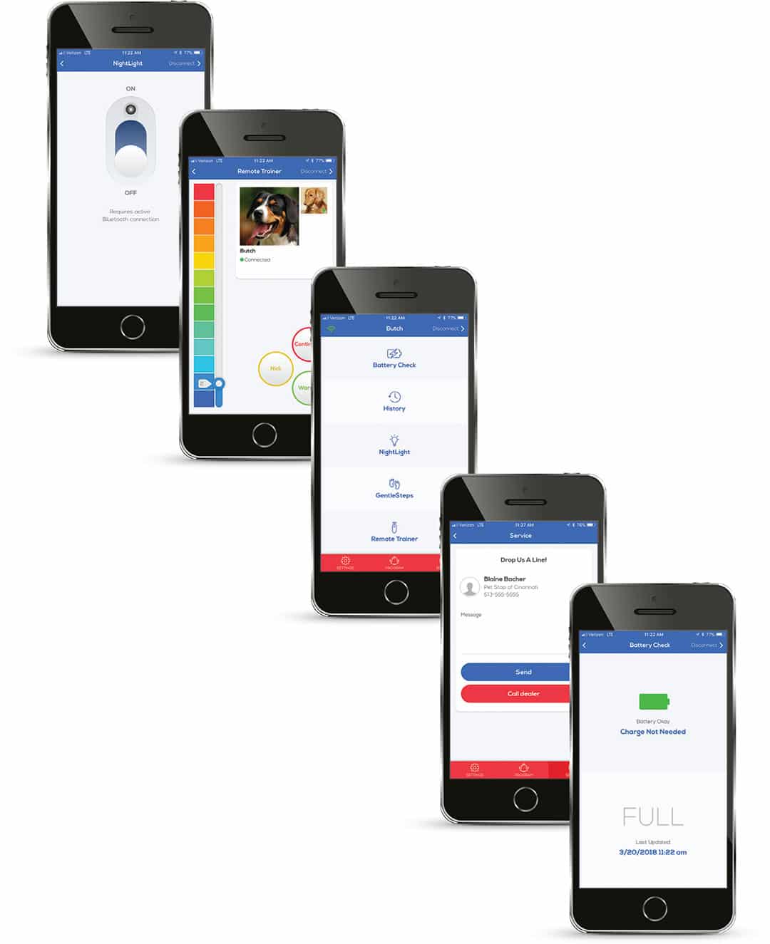 Screenshots of Pet Stop app on 5 smart phones