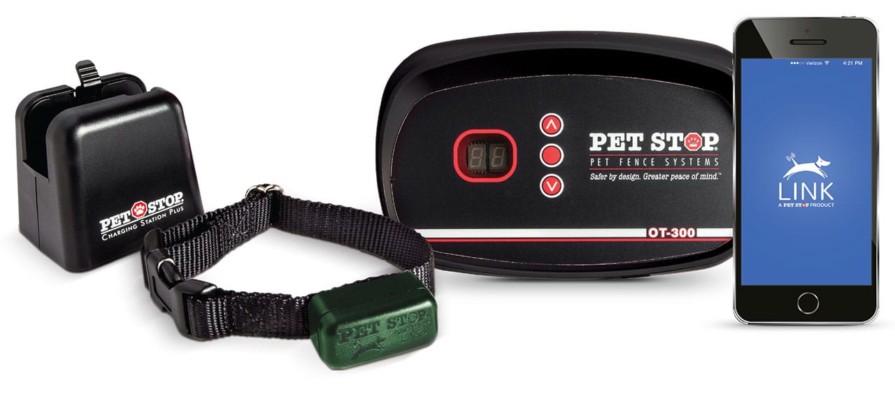 Product Photo - Pet Stop kit, photo of Pet Stop app on smart phone, transmitter, Pet Stop collar and charging station